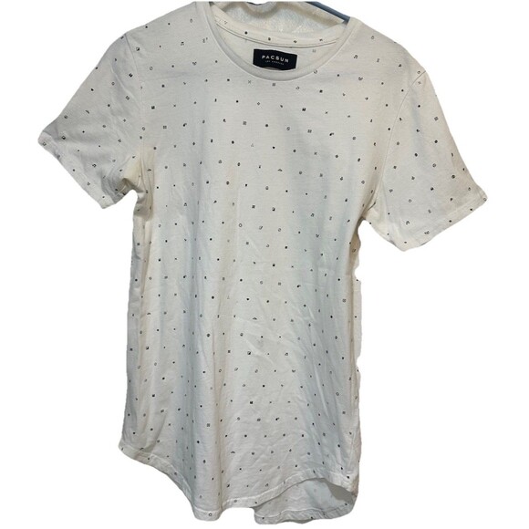 PacSun Size Small White w/ Whimsical Symbols Scalloped Fit T-Shirt Men or Women - Picture 1 of 5